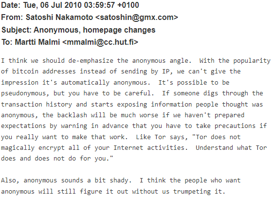 Bitcoin Creator Satoshi Nakamoto 2009 email to Martti Malmi on Bitcoin 