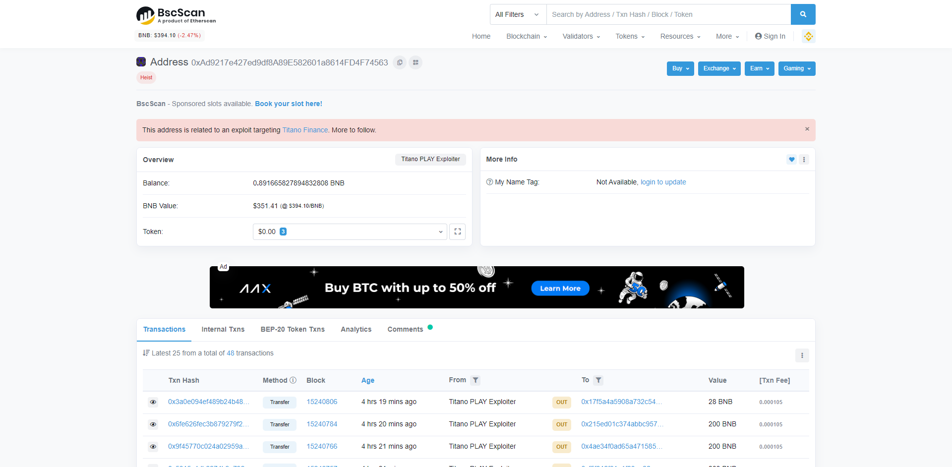 BSCScan sees the address as TITANO attacker