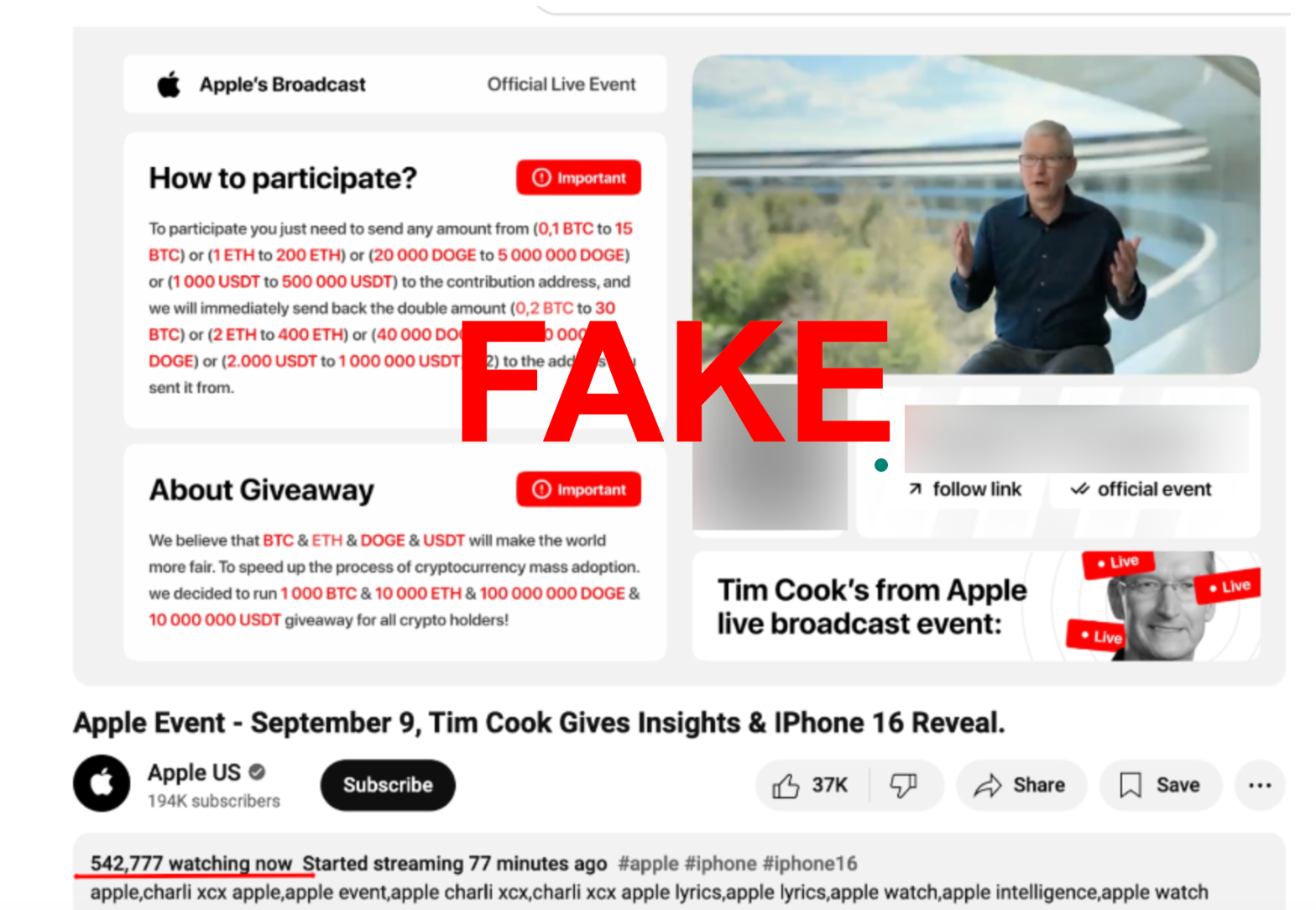 Alerta de fraude: Fake Dogecoin Stream assume o controle do YouTube antes do lançamento do iPhone 16 da Apple