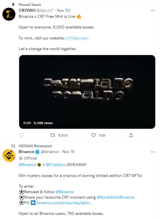 NFT giả CR7 được quảng cáo trên Twitter