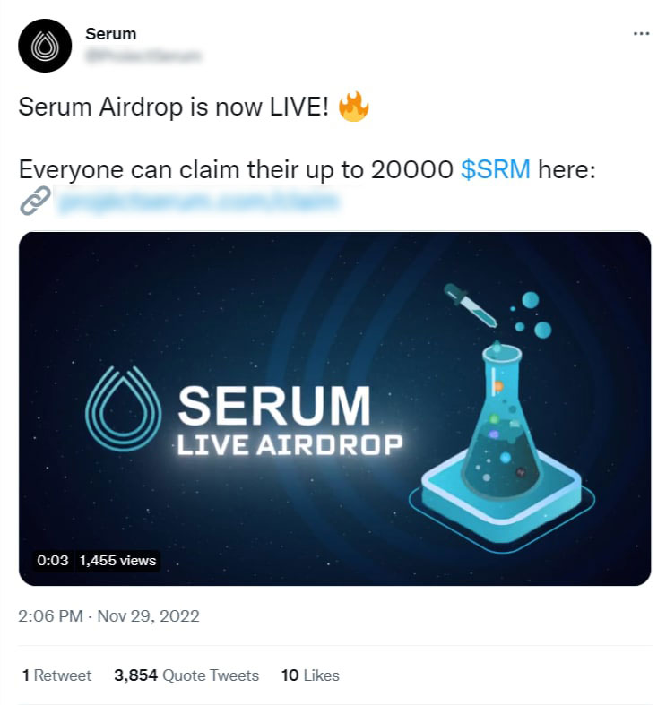 Serum (SRM) airdrop ປອມສັງເກດເຫັນຢູ່ໃນ Twitter