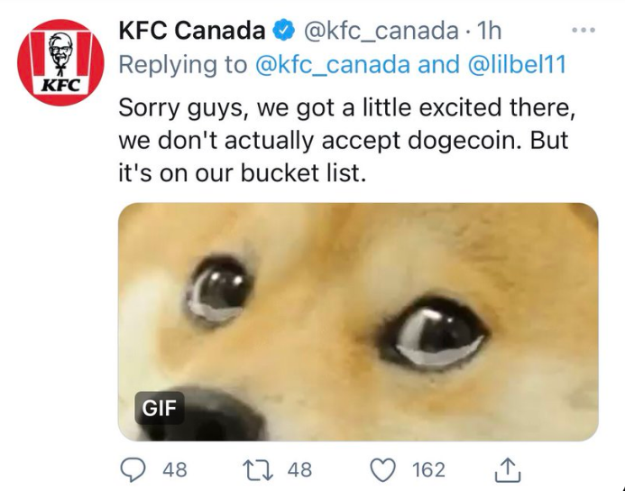 Update Kfc Canada Denies It Accepts Dogecoin