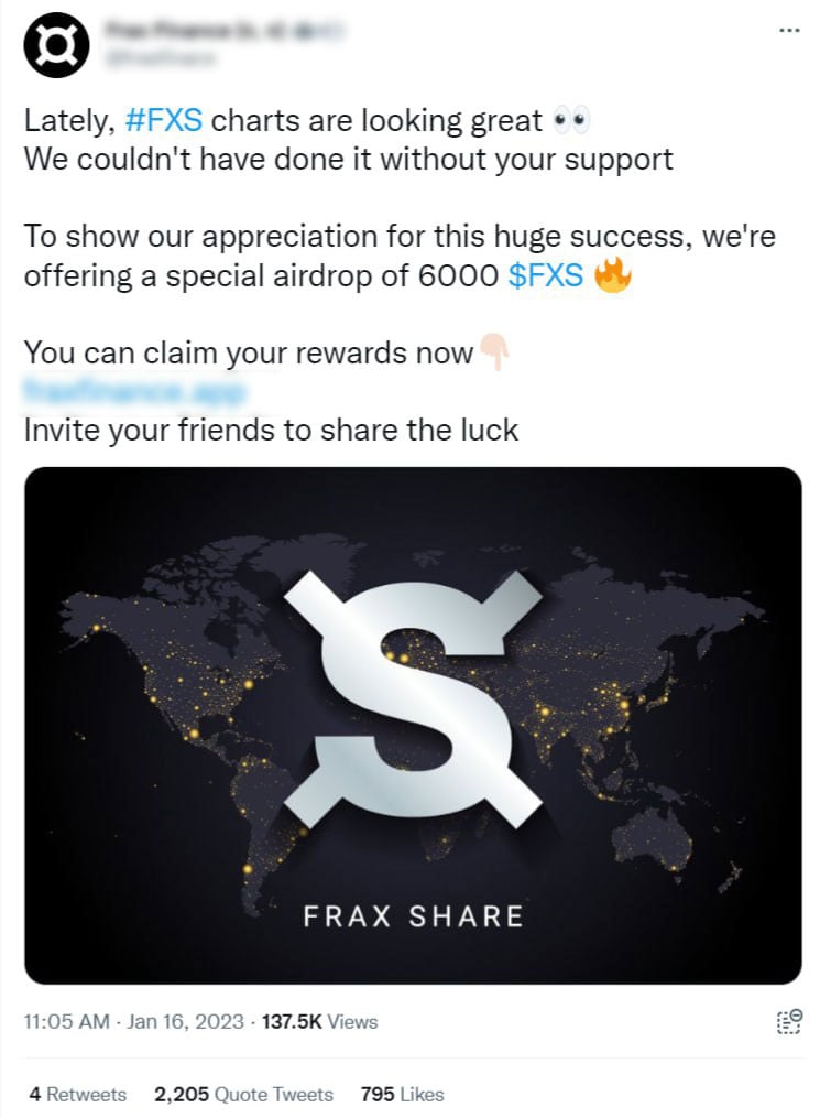 Scammers launch FXS airdrop
