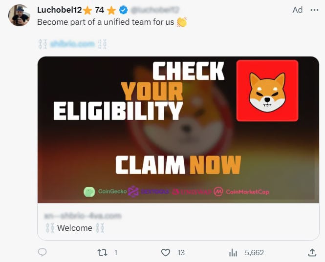 SHIB scam airdrop promoted in Twitter