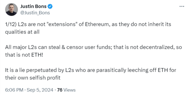 Justin Bons slams ETH L2s