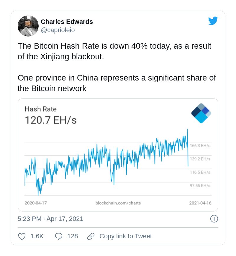 BTCハッシュレートが低下