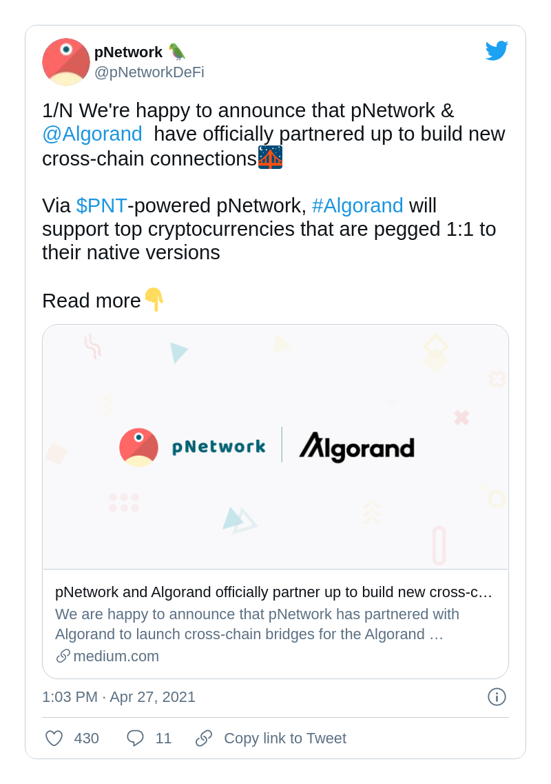 pNetwork partners Algorand (ALGO)