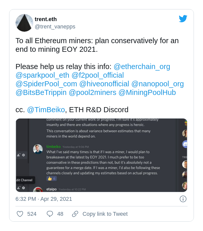 Trenton van Epps: Ethereum mining ends in 2021