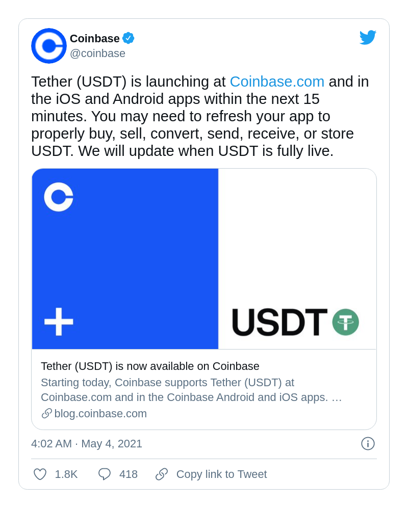 USDT added by Coinbase