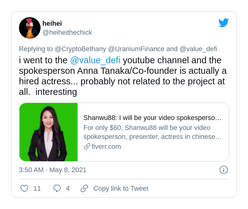 Value DeFi co-founder is actually an actress