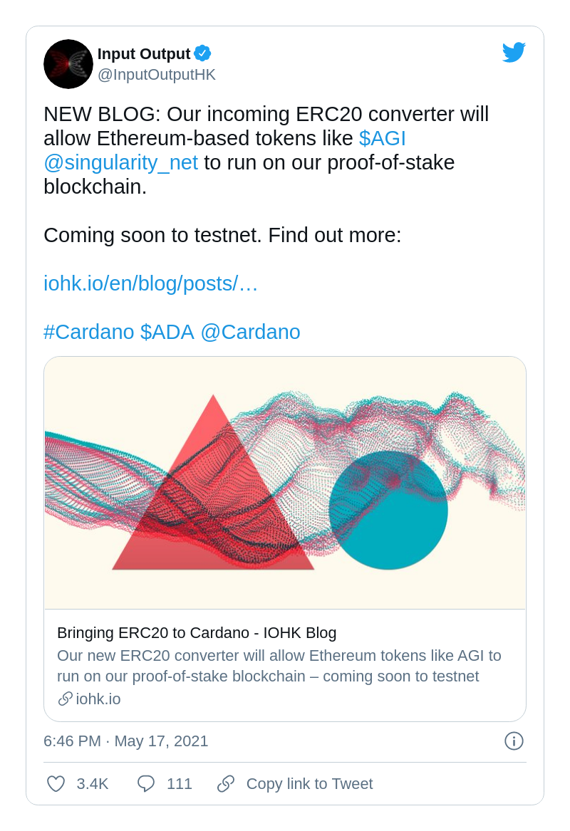 Cardano (ADA) is going to introduce Ethereum tokens converter