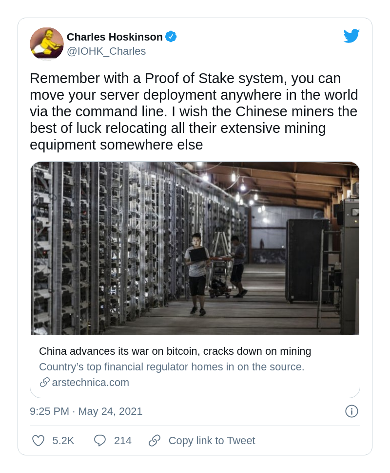 Charles Hoskinson wishes Chinese miners 'the best of luck'