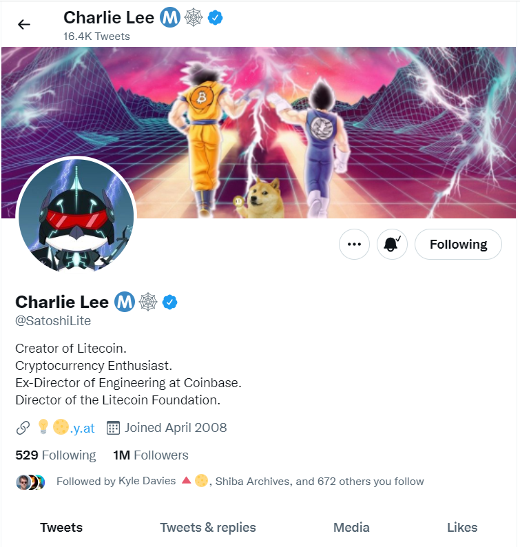 Litecoin Founder Adds Shiba Dog to His Twitter Background Image