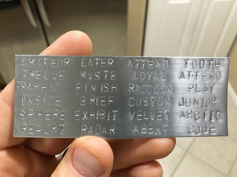 Metal plate with seed phrase