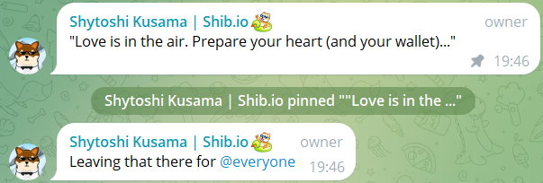 Ситоши Кусама дразнит армию SHIB посланием ко Дню святого Валентина: «Приготовьте свой кошелек»