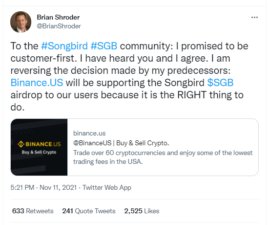 Tweet from binance.us ceo