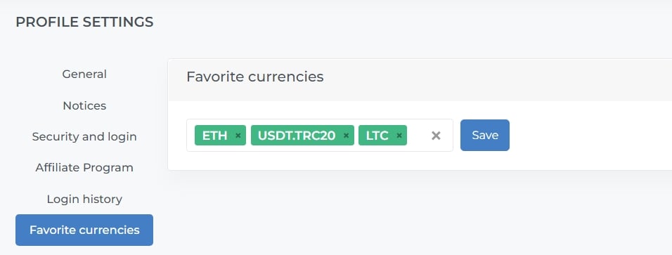 selected currencies