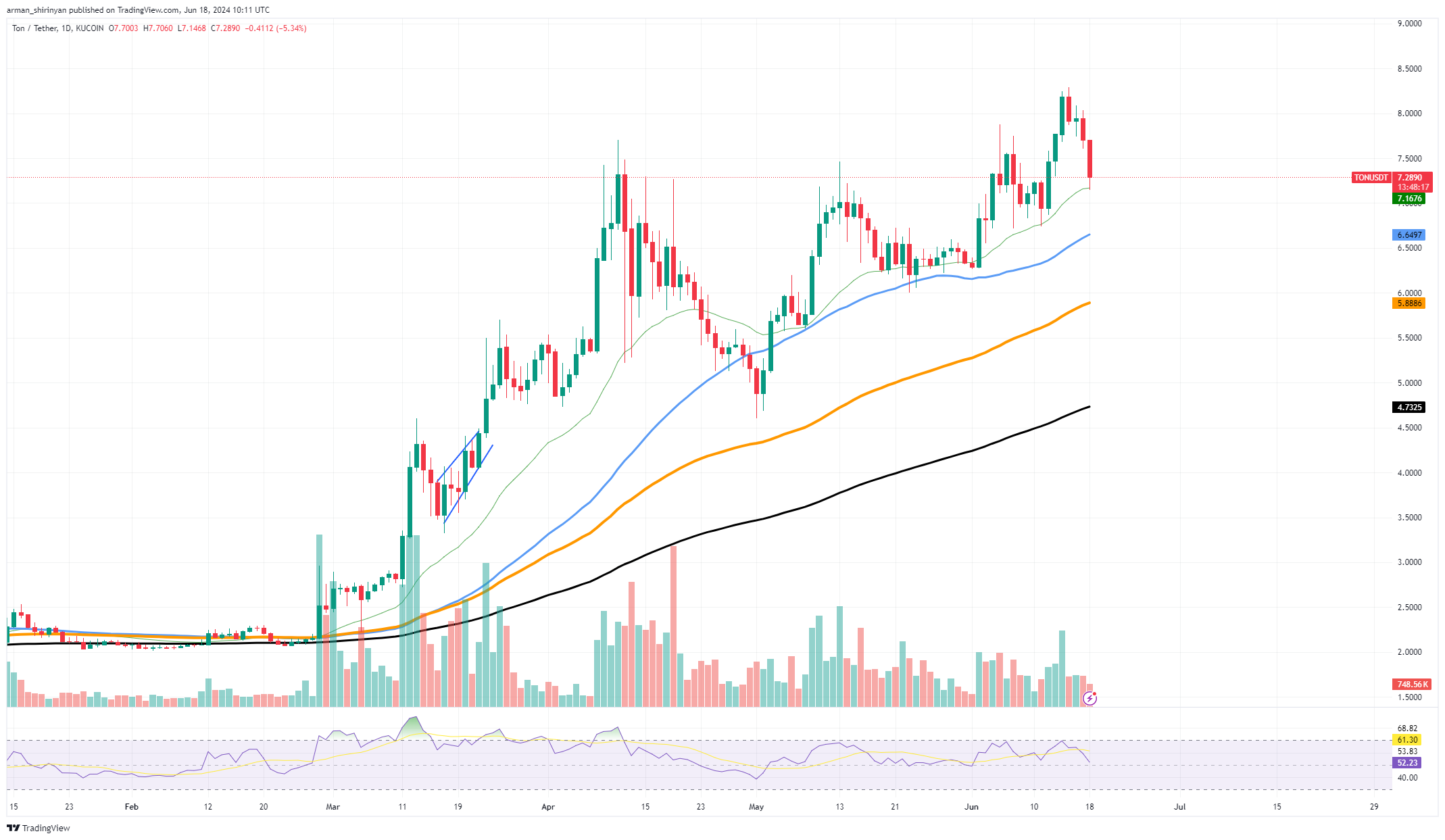 Toncoin (TON) Surpasses Dogecoin (DOGE) in Market Cap, Following 50% Volume Growth