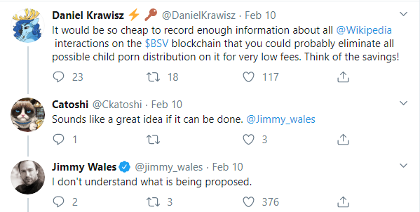 Jimmy Whales is sceptical on BSV usage in Wikipedia