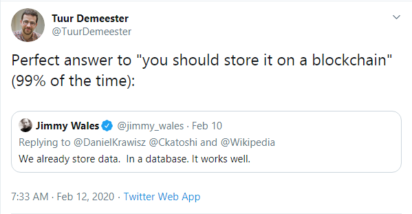Tuur Demeester recommends to avoid blockchain-based data storage 99% of time