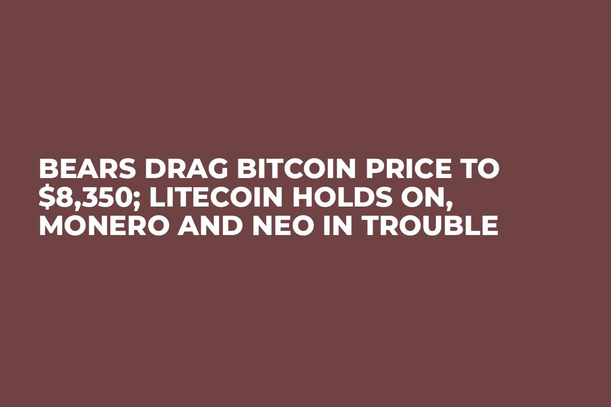 Bears Drag Bitcoin Price to $8,350; Litecoin Holds On, Monero and NEO in Trouble