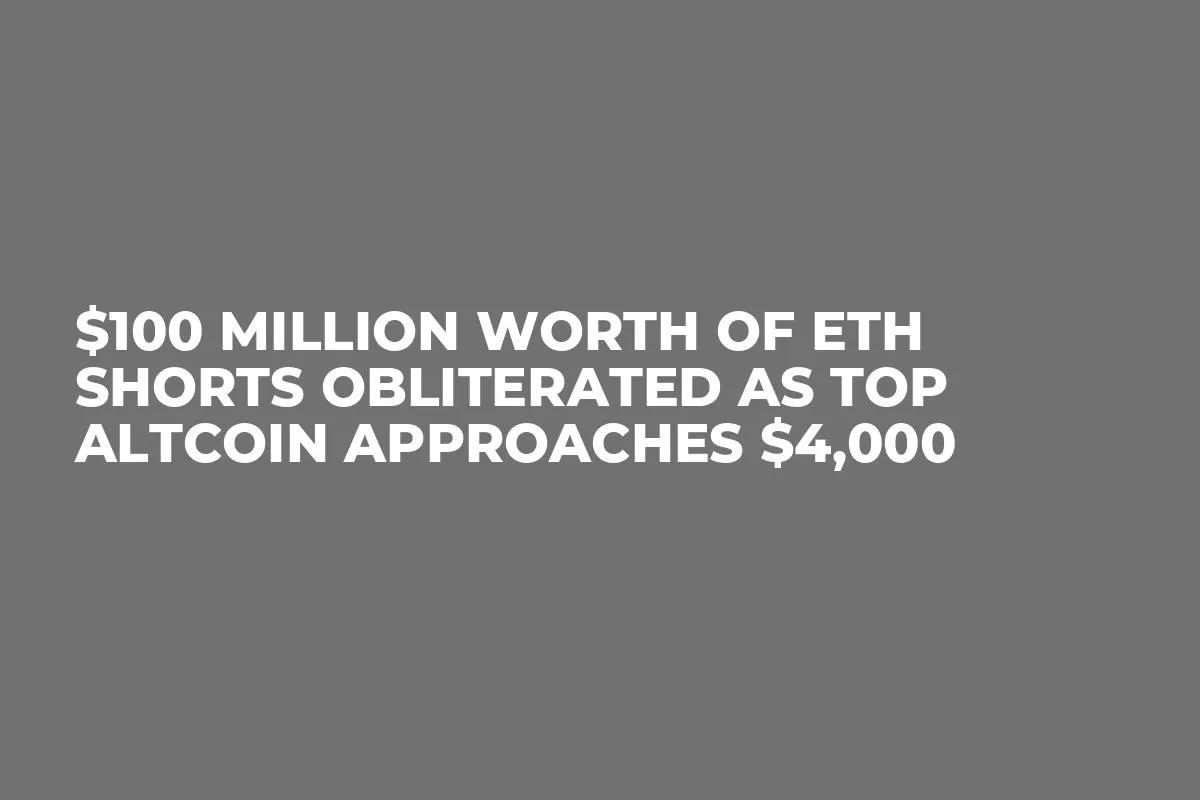 $100 Million Worth of ETH Shorts Obliterated as Top Altcoin Approaches $4,000