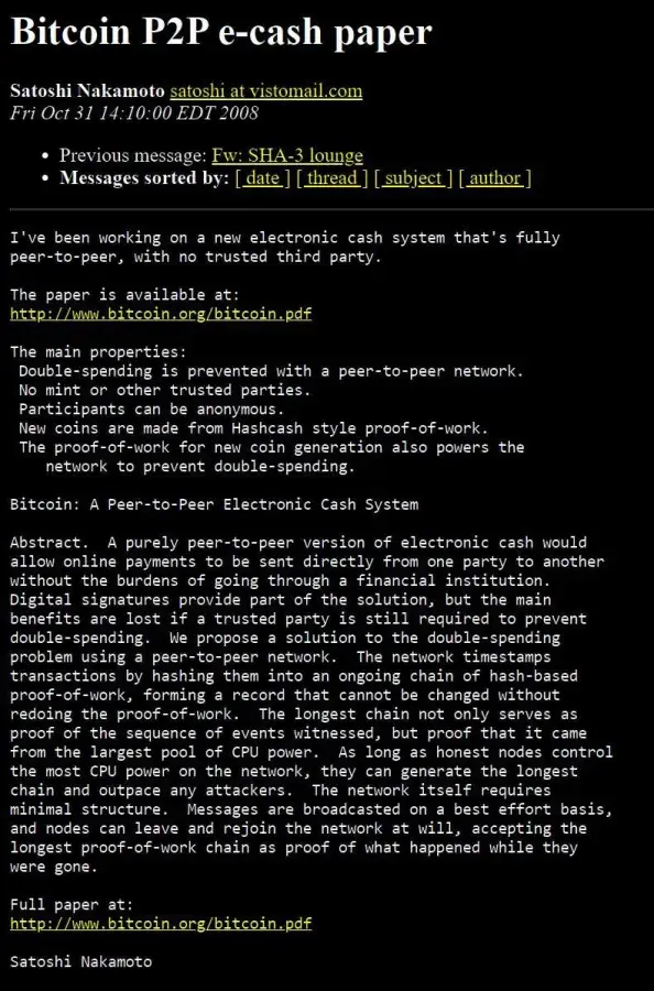 Satoshi Bitcoin White Paper Clocks 17 Years This Month: Email That Started  It All - U.Today