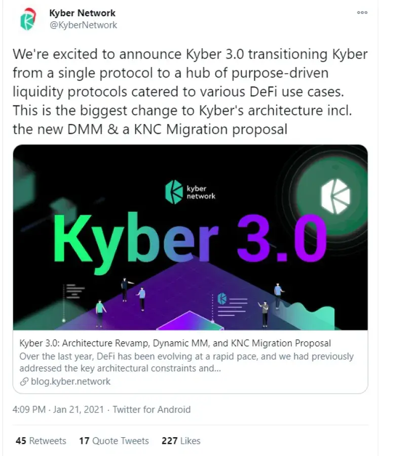 Kyber Network (KNC) Announces Kyber 3.0, Migrates to Global DeFi Hub -  U.Today