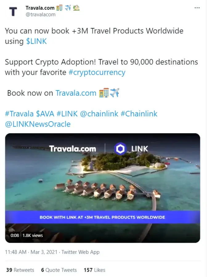 Travala (AVA) Adds Chainlink (LINK) for Booking Payments, Reports $1  Million Revenue in February - U.Today