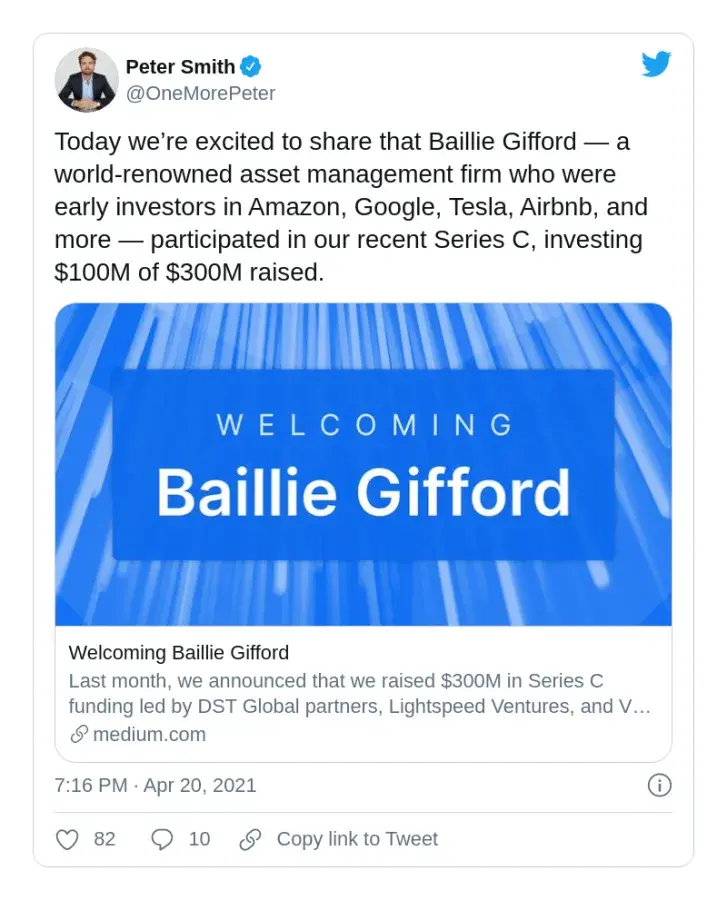 Blockchain.com Raises $100 Million from Tesla Early Investor Baillie Gifford  - U.Today