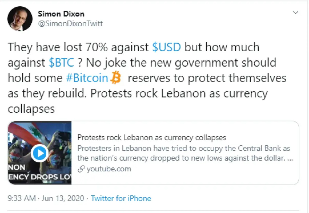 Bitcoin May Help Protect Lebanese Government as They Rebuild: Simon Dixon -  U.Today