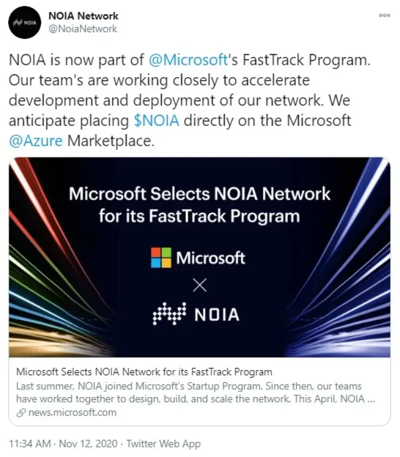 Microsoft Picks NOIA Network, Ranked 347, to Use in Its FastTrack Program -  U.Today