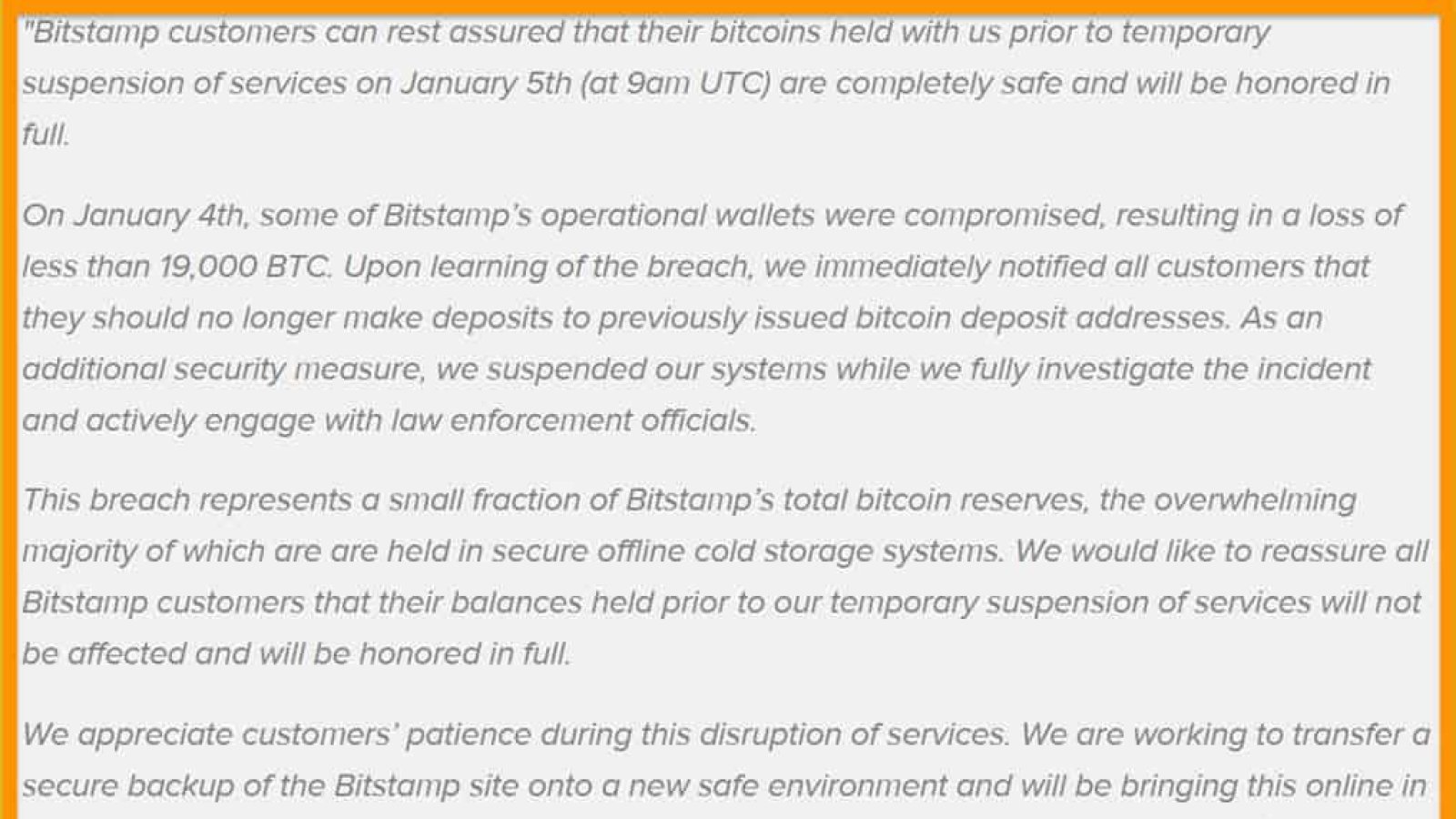 The statement of Bitstamp’s representative after hacking