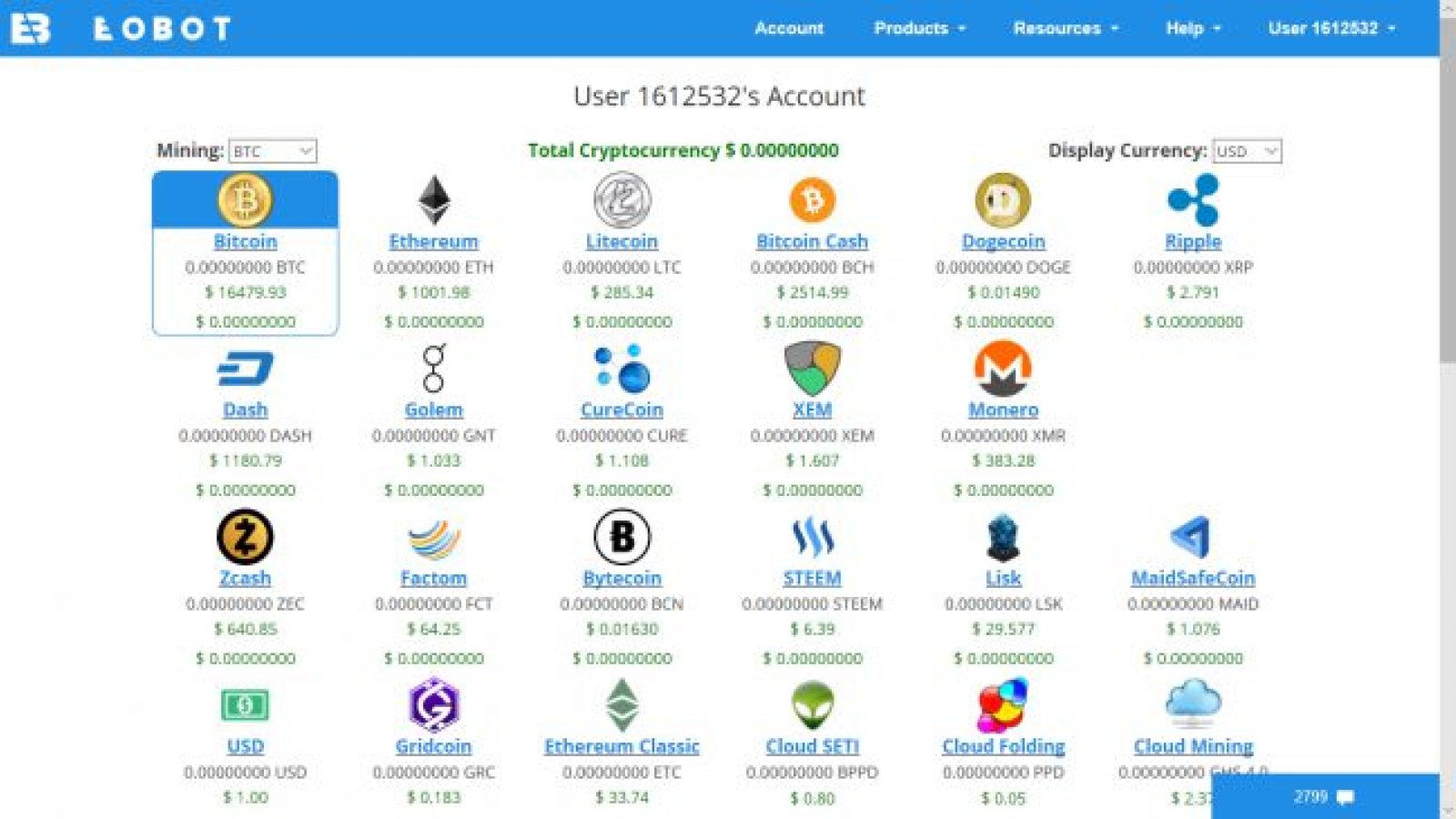 Available cryptocurrency on Eobot