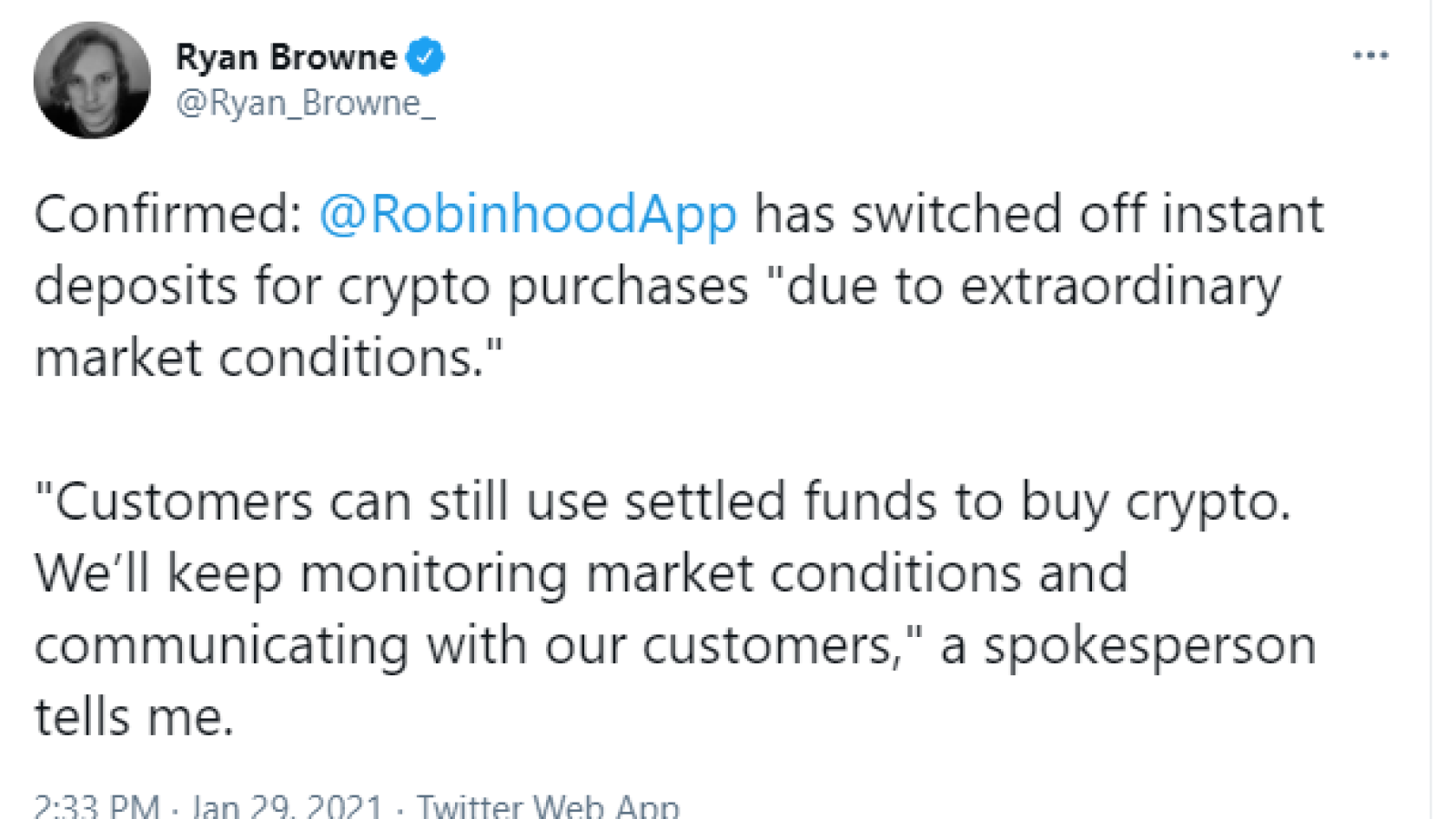 Robinhood halts deposits for crypto purchasers