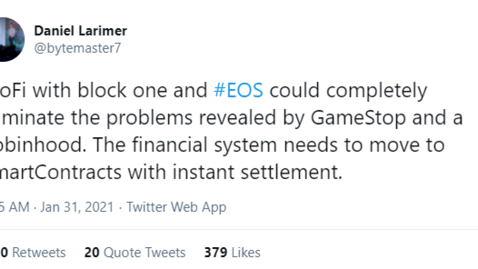 ProFi on EOS will eliminate problems with apps like Gamestop and Robinhood: Daniel Larimer