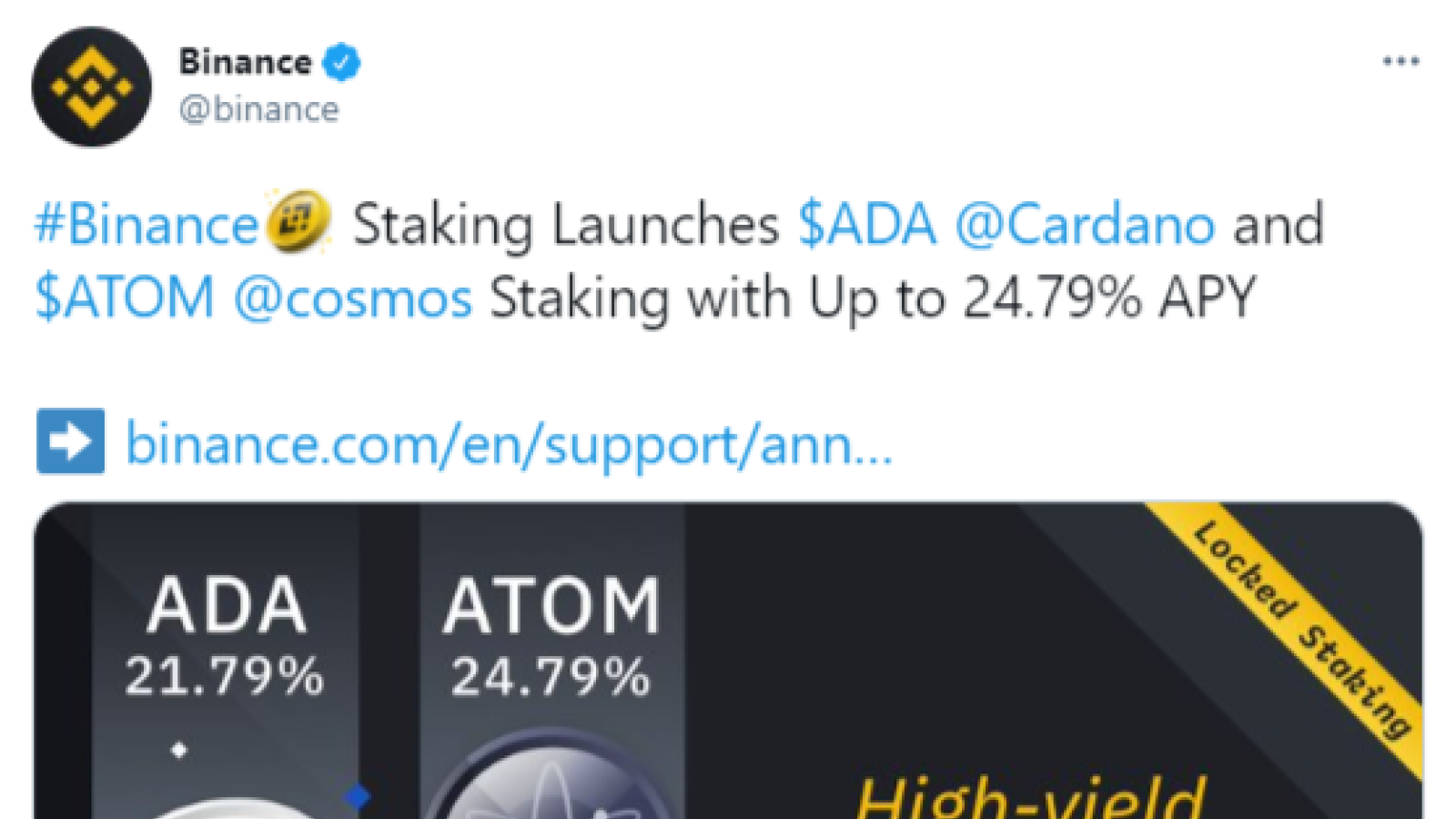 Binance (BNB) activates ADA and ATOM staking programs