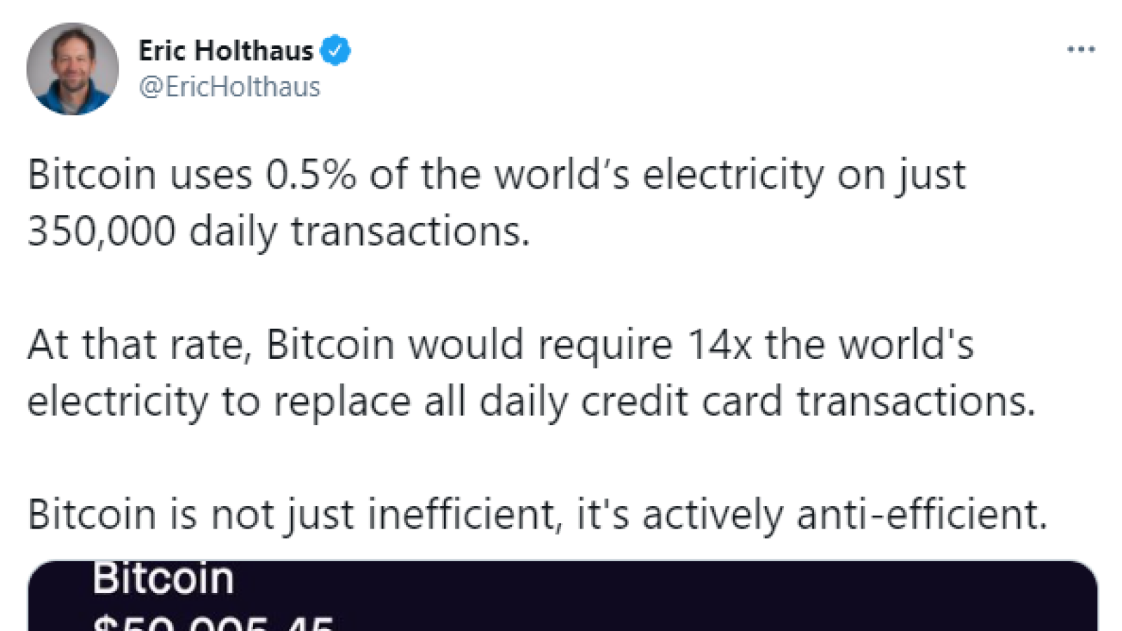 Eric Holthaus claims Bitcoin in aggressively anti-efficient