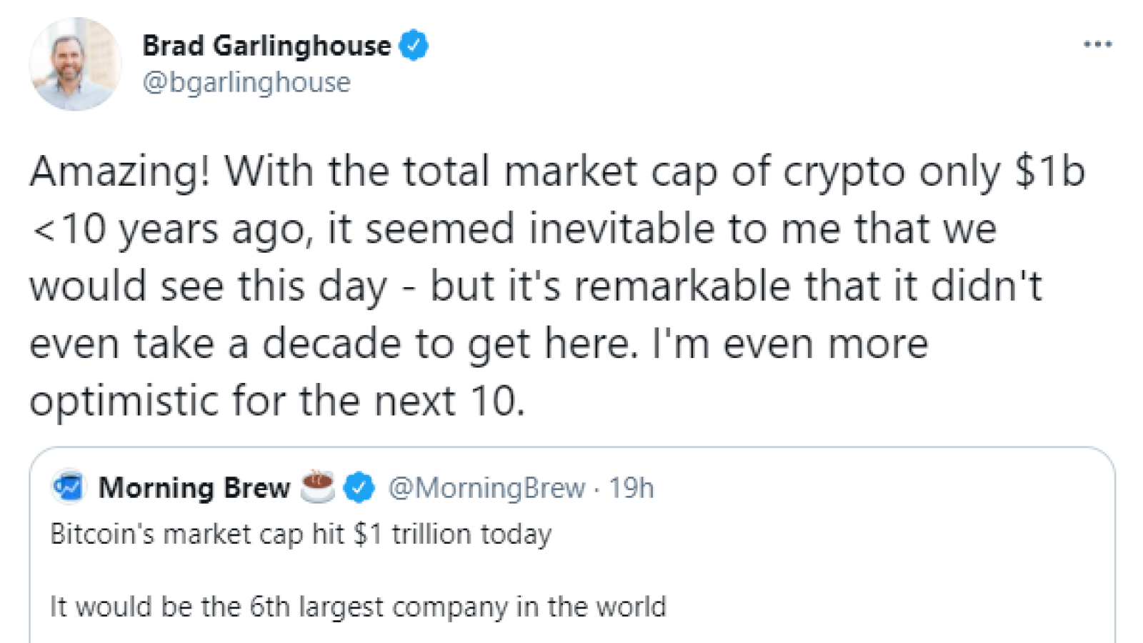 Ripple's Garlinghouse isn't surprised by $1T in Bitcoin's marketcap