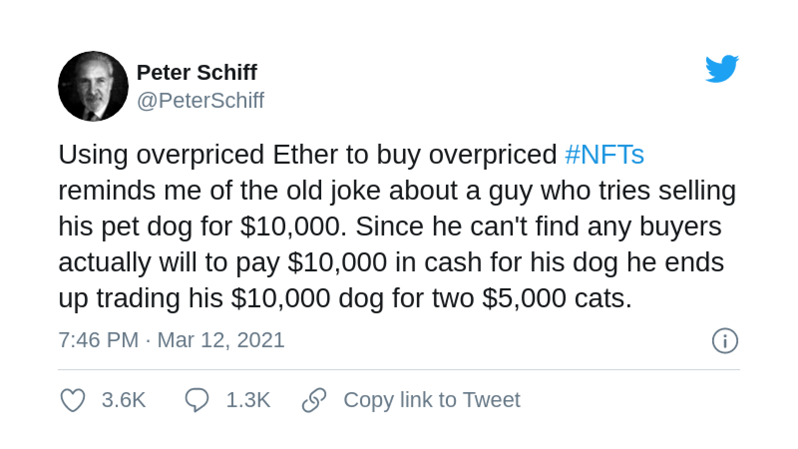 Peter Schiff slams Ether, NFTs