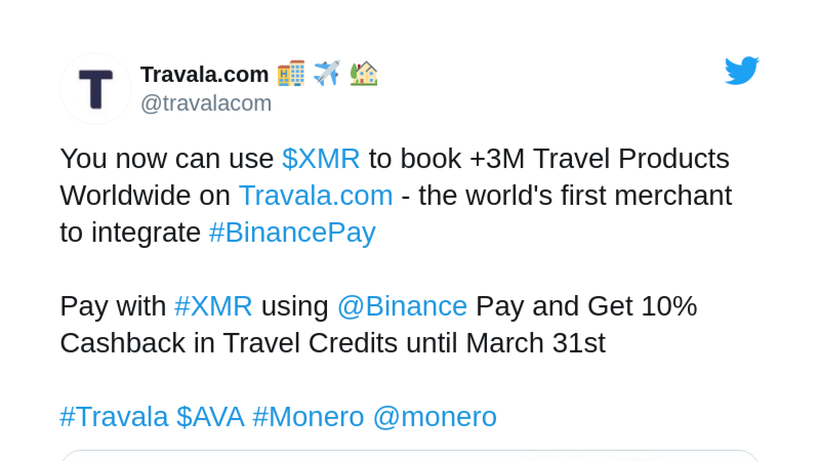 Travala added XMR through Binance Pay