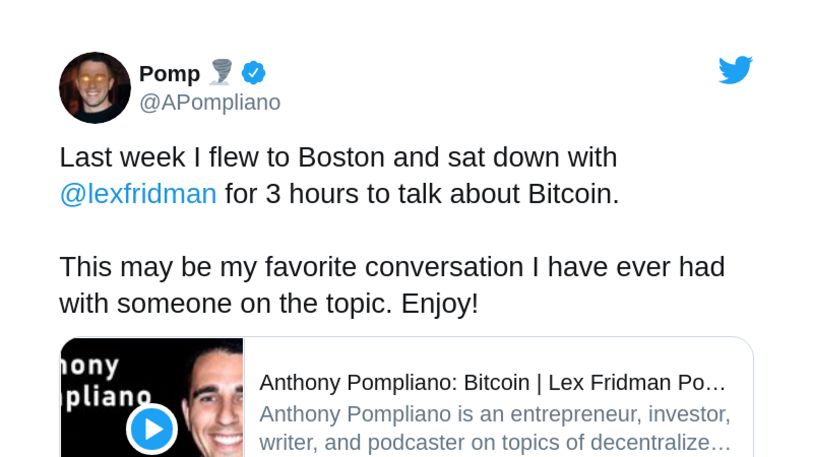 Lex Fridman and Anthony Pompliano talked about Bitcoin (BTC)