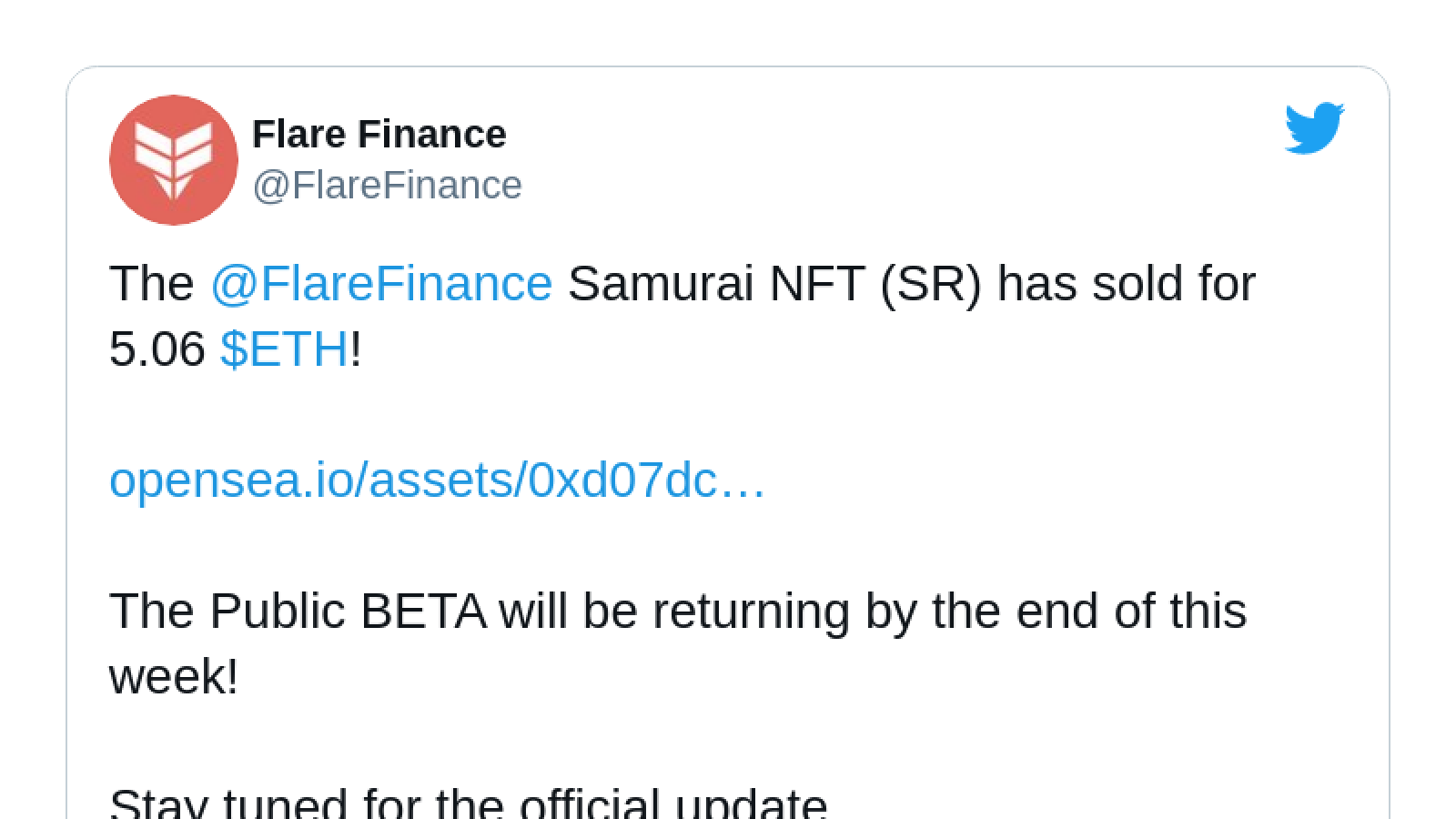 Flare Finance sells its NFT for 5 Ethers