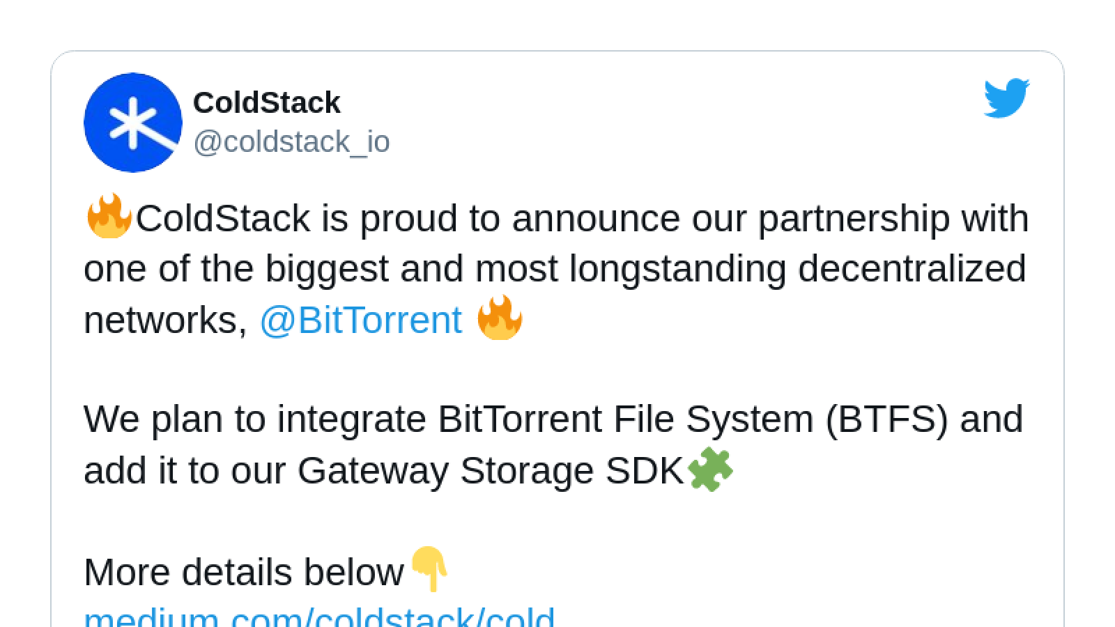 BTFS added to Coldstacks' SDK