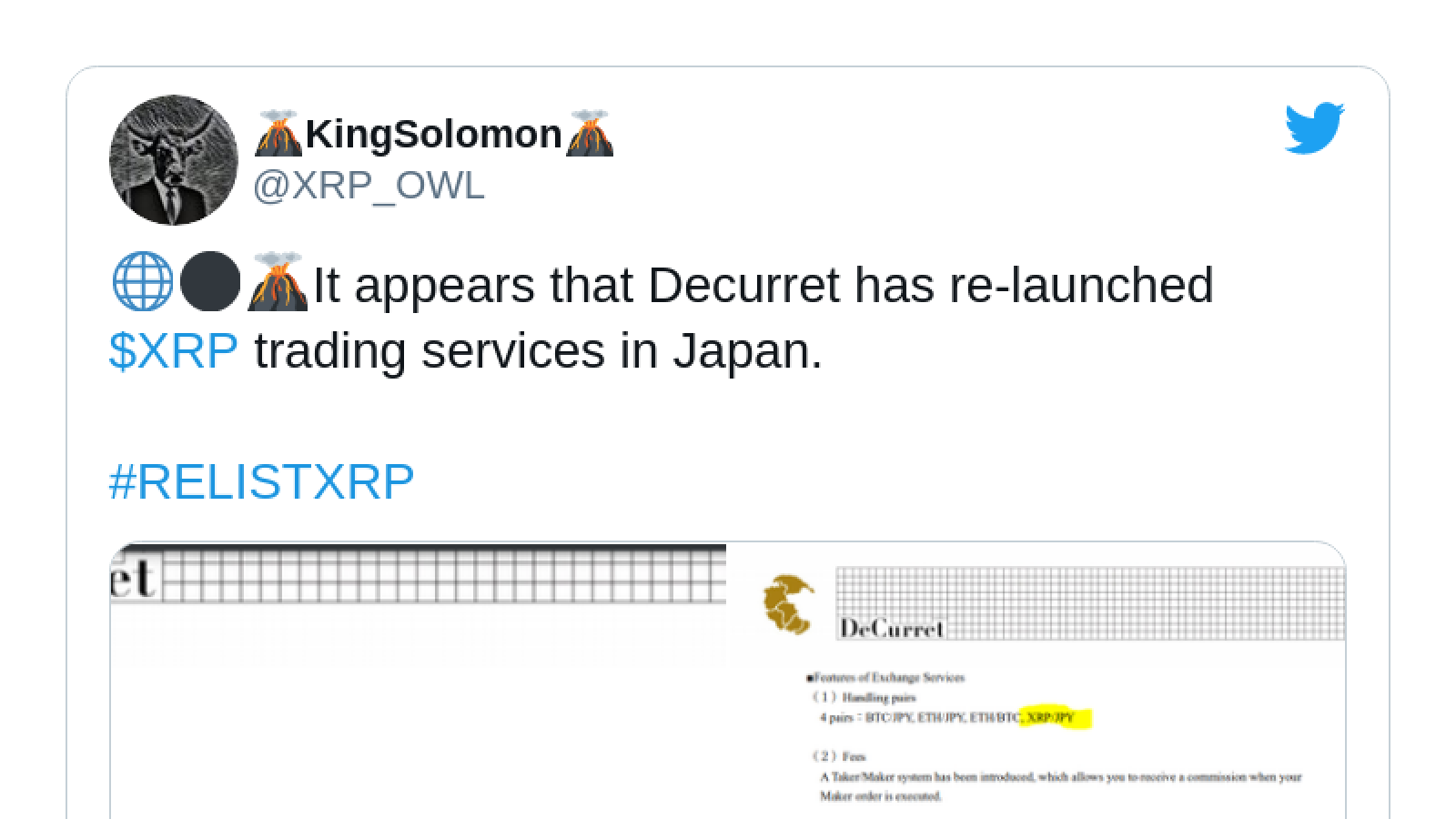 XRP re-listed by Japanese crypto exchange DeCurret