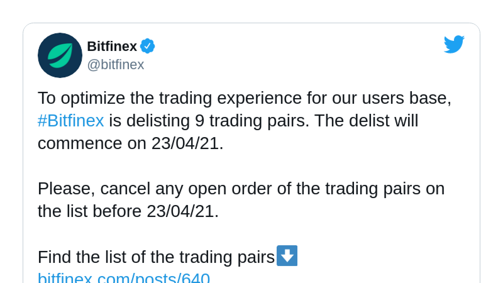 Bitfinex delists nine trading pairs 