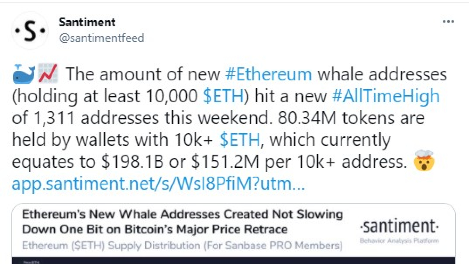 New Ethereum Whale Addresses Hit New All Time High This Weekend Santiment