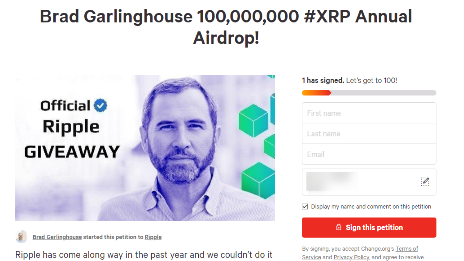 Brad Garlinghouse allegedly addresses his own Ripple with a public petition