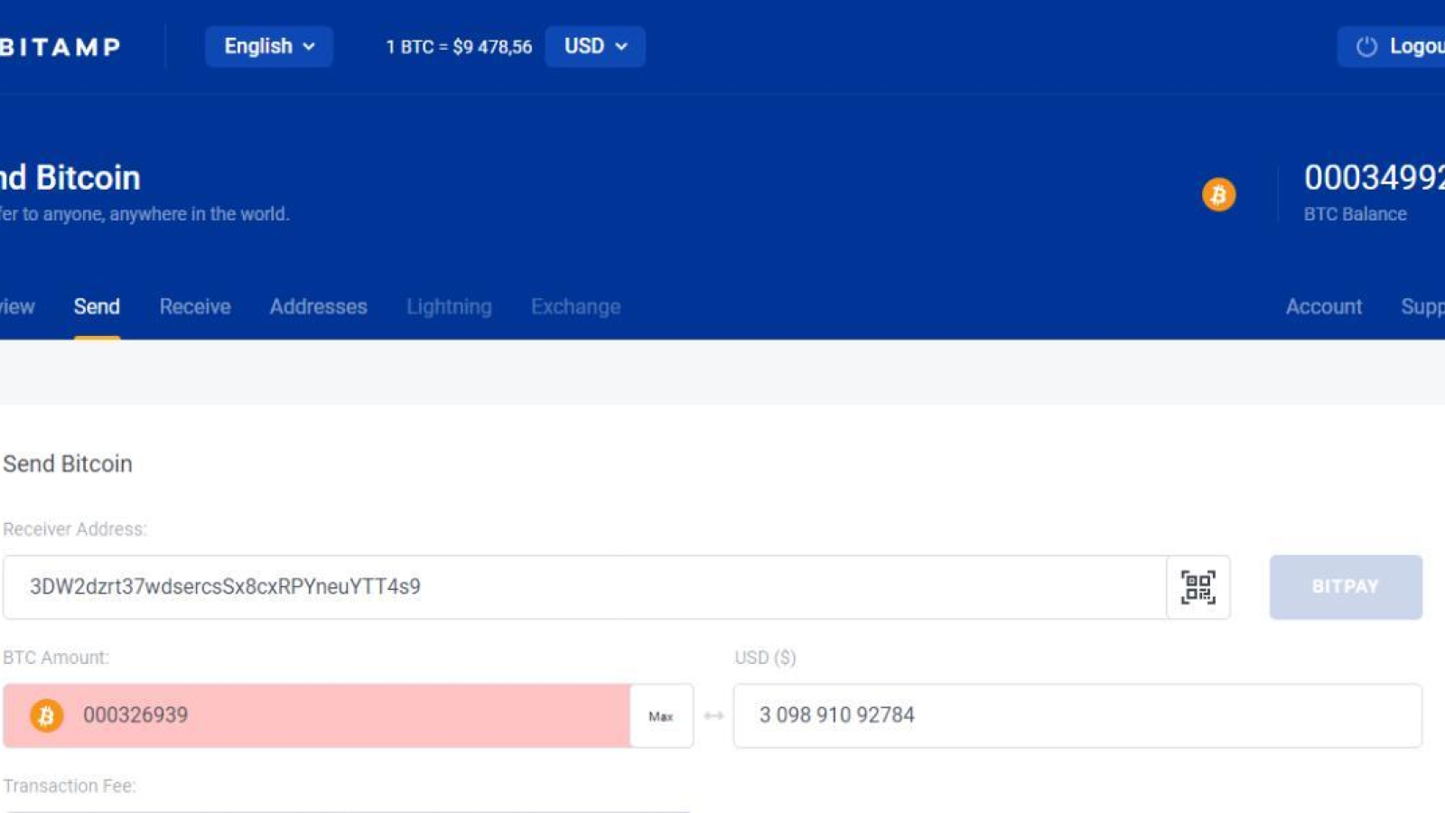 Bitamp wallet is ready to send the transaction