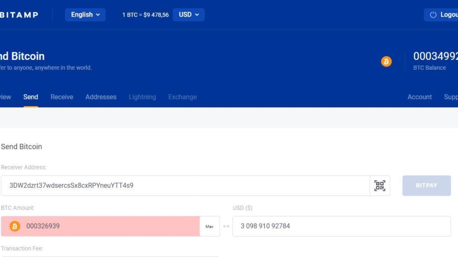 Bitamp wallet is ready to send the transaction